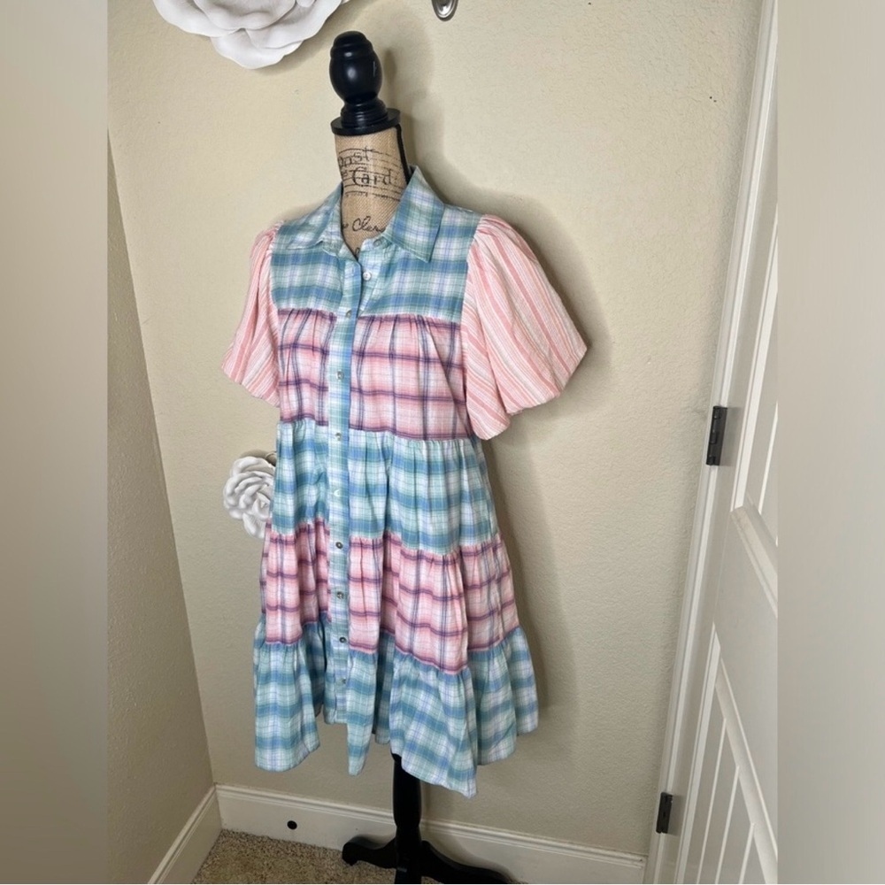NTM: Entro Bubble Sleeve Blue, Green, Pink & White Plaid Lined Mini Dress Sz L - Picture 5 of 14